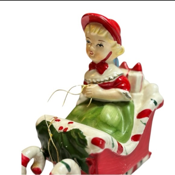 VTG Lipper & Mann Japan Christmas Girl in Candy Cane Sleigh with Reindeer 1950 - Picture 2 of 12
